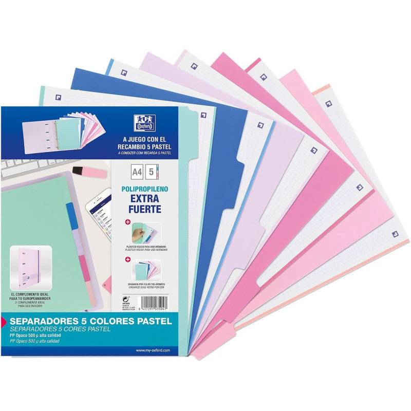 Oxford Strongline, Separadores Archivador 4 anillas A4, Plástico Opaco, 5 Posiciones, 4 Taladros, 5 Colores Pastel