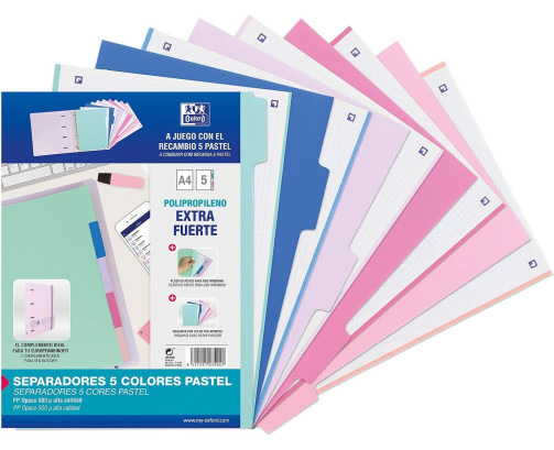 Oxford Strongline, Separadores Archivador 4 anillas A4, Plástico Opaco, 5 Posiciones, 4 Taladros, 5 Colores Pastel