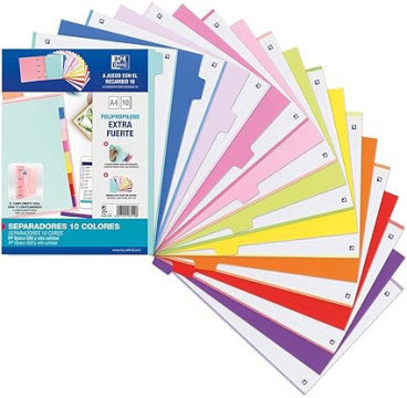Oxford Strongline, Separadores Archivador 4 anillas A4, Plástico Opaco, 10 Posiciones, 4 Taladros, 10 Colores