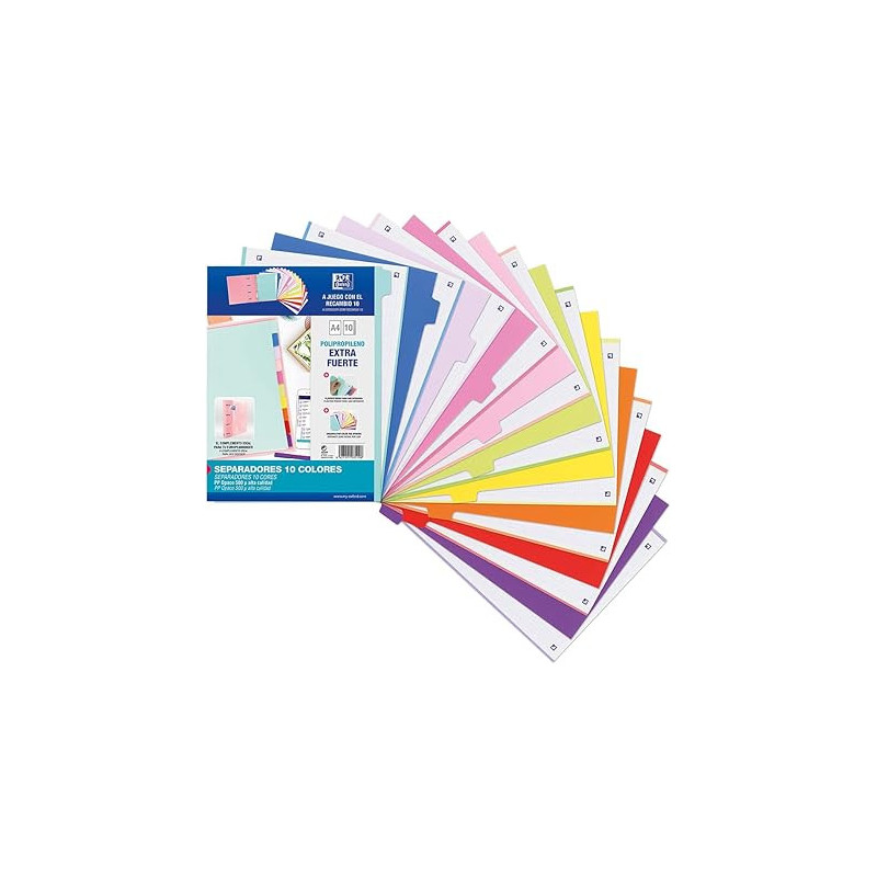 Oxford Strongline, Separadores Archivador 4 anillas A4, Plástico Opaco, 10 Posiciones, 4 Taladros, 10 Colores
