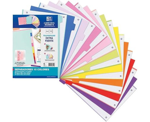 Oxford Strongline, Separadores Archivador 4 anillas A4, Plástico Opaco, 10 Posiciones, 4 Taladros, 10 Colores