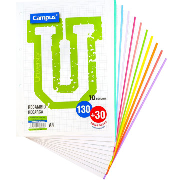 Campus – Recambio Hojas Cuadriculadas A4 para Archivador de 4 Anillas,160 Hojas de 90g (10 Colores)