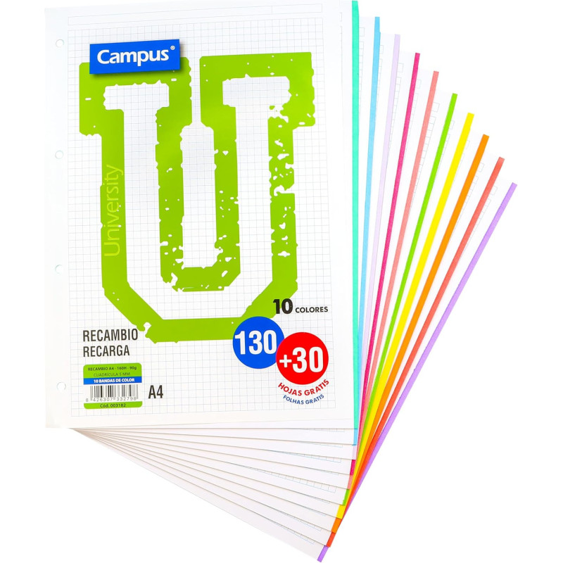 Campus – Recambio Hojas Cuadriculadas A4 para Archivador de 4 Anillas,160 Hojas de 90g (10 Colores)