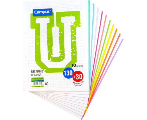 Campus – Recambio Hojas Cuadriculadas A4 para Archivador de 4 Anillas,160 Hojas de 90g (10 Colores)