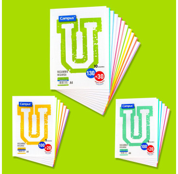 Campus – Recambio Hojas Cuadriculadas A4 para Archivador de 4 Anillas,160 Hojas de 90g (10 Colores)
