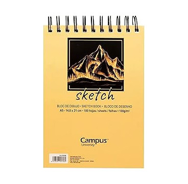 Campus University - Bloc de Dibujo Sketch A5 Cuaderno de Bocetos con Espiral 100 Hojas 100 gramos