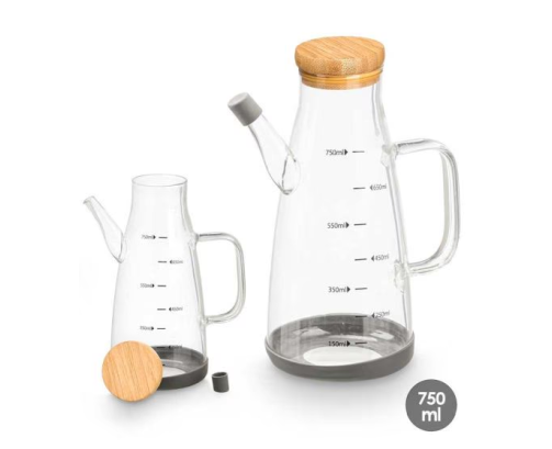 Vivalto Aceitera de Vidrio Borosilicato Transparente para Aceite con Tapa de Bambú y Sello de Silicona, 750 ml, 17x21x10 cm