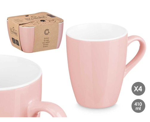 Set de 4 Tazas de Porcelana Rosa de 410 ml, Cada Taza: 12.5 x 8.8 x 10.8 cm, Set: 20 x 11.7 x 18.5 cm