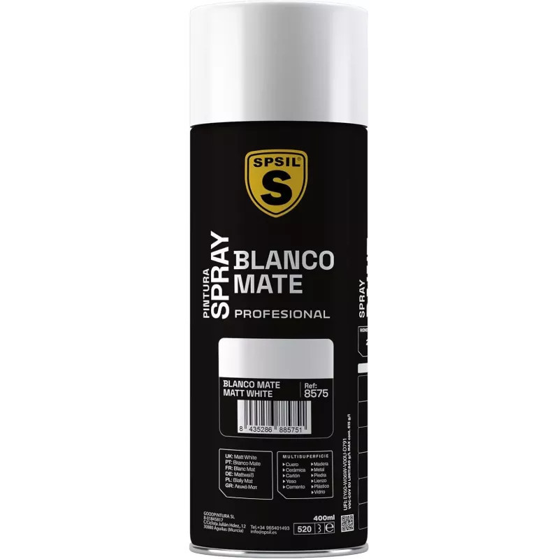 SPSIL Pintura Spray 400ml,( Blanco Mate 8575, Paquete de 1 )Spray Acrílico para Metal / Madera / Plástico
