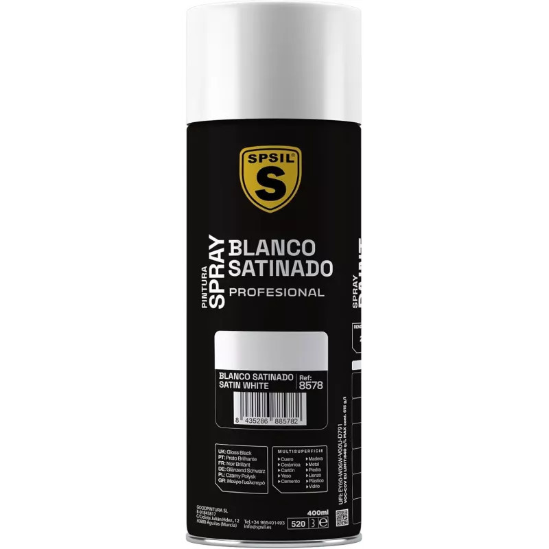 SPSIL Pintura Spray 400ml, ( Blanco Satinado 8578, Paquete de 1 ),Spray Acrílico para Metal / Madera / Plástico