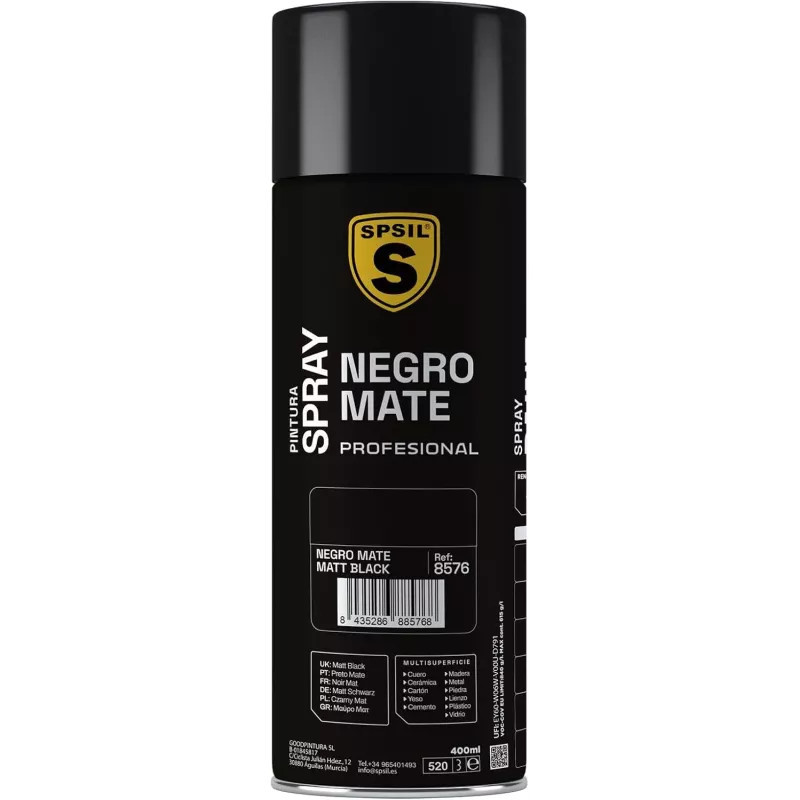 SPSIL Pintura Spray 400ml, ( Negro Mate 8576, Paquete de 1 )Spray Acrílico para Metal / Madera / Plástico