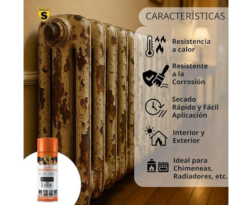 Spray Alta Temperatura color Aluminio 400 ml - Resistencia hasta 600 C - Color (Negro) 8905