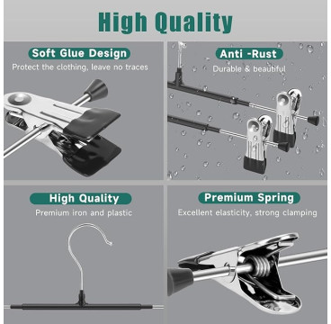 12  Perchas de Metal para Pantalones, Calcetines, Faldas, 30 cm, con 2 Clips Antideslizantes