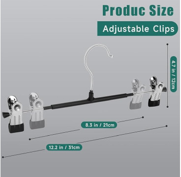 12  Perchas de Metal para Pantalones, Calcetines, Faldas, 30 cm, con 2 Clips Antideslizantes