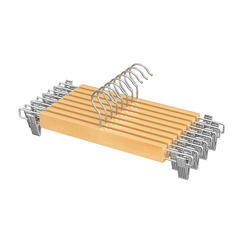 Perchas para Pantalones, Juego de 8, Percha de Madera para Faldas, con Pinzas Ajustables, Antideslizante