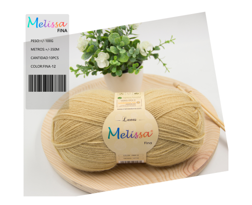 Lana Fina acrílico Beige -12,Melissa Lana Fina Hilo 100% Acrilico Ovillo de Lana (1u 100g) 350m