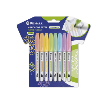 Marcador Permanente Textil Bismark Set 8 Unidades Colores Pastel o Colores Vivos, Punta 2,6mm