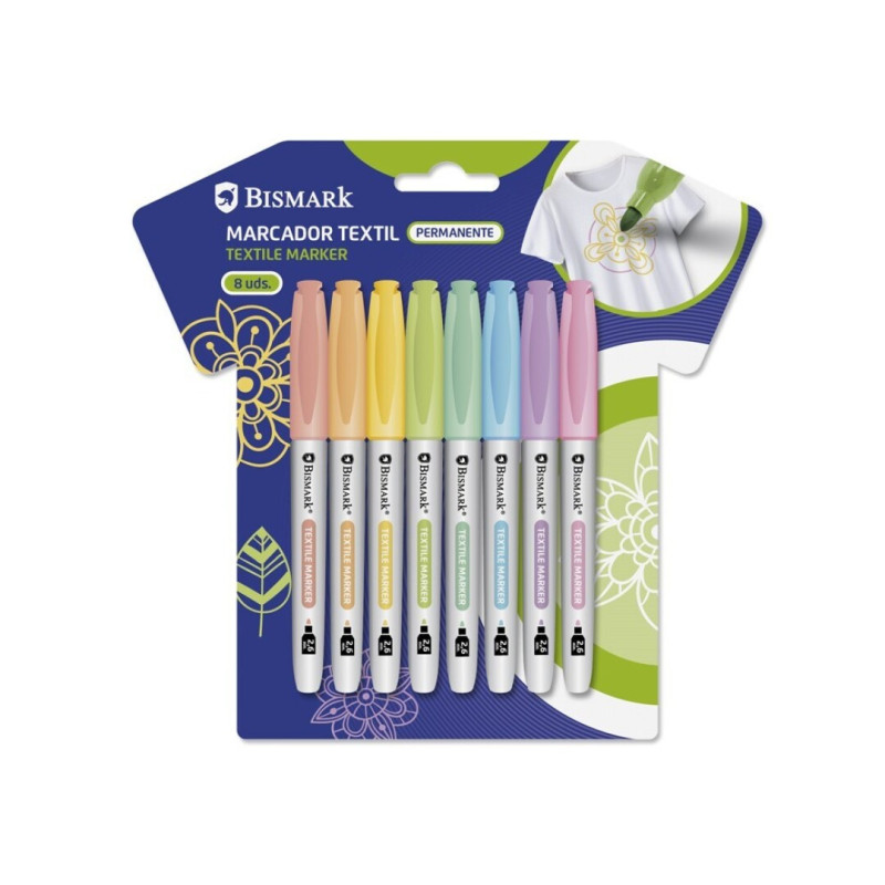 Marcador Permanente Textil Bismark Set 8 Unidades Colores Pastel o Colores Vivos, Punta 2,6mm