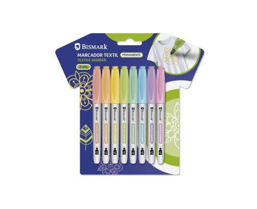 Marcador Permanente Textil Bismark Set 8 Unidades Colores Pastel o Colores Vivos, Punta 2,6mm