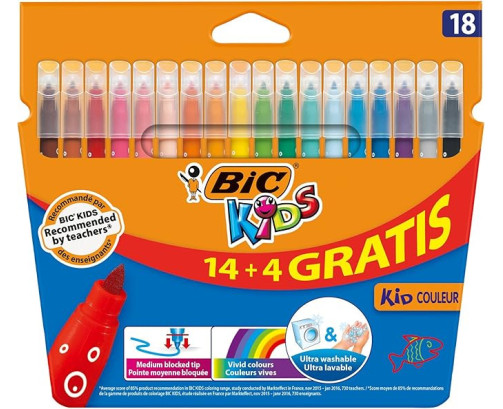 BIC Kids Kid Couleur - Blíster de 18 rotuladores de colorear para aprendizaje, multicolor
