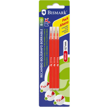 Bismark fix pack de 3 recambios para boligrafo borrable - punta fina 0.7mm - color rojo