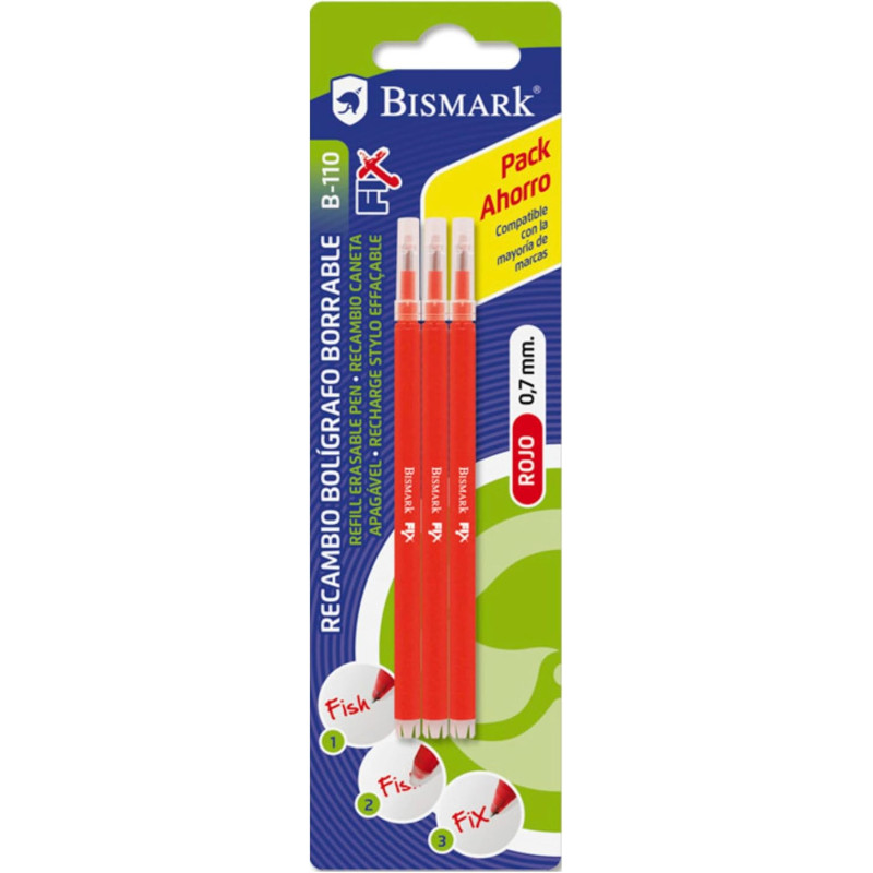 Bismark fix pack de 3 recambios para boligrafo borrable - punta fina 0.7mm - color rojo