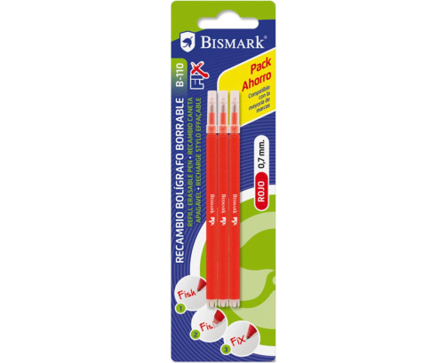 Bismark fix pack de 3 recambios para boligrafo borrable - punta fina 0.7mm - color rojo