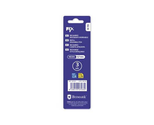 Bismark fix pack de 3 recambios para boligrafo borrable - punta fina 0.7mm - color negro