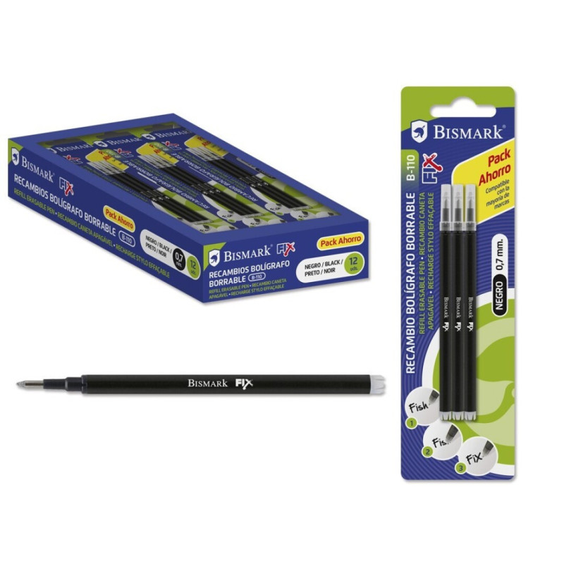 Bismark fix pack de 3 recambios para boligrafo borrable - punta fina 0.7mm - color negro