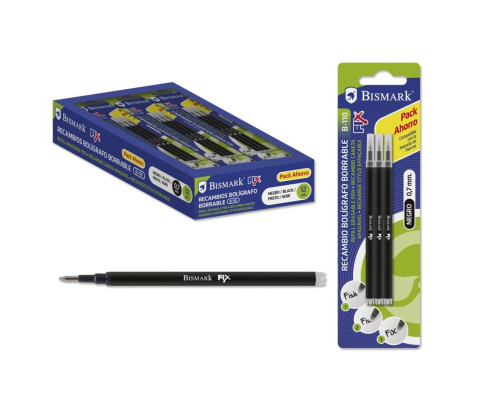 Bismark fix pack de 3 recambios para boligrafo borrable - punta fina 0.7mm - color negro