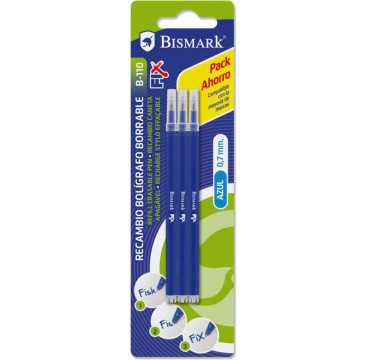 Bismark Fix Pack de 3 Recambios para Boligrafo Borrable - Punta Fina 0.7mm - Color AZUL