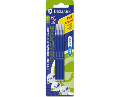 Bismark Fix Pack de 3 Recambios para Boligrafo Borrable - Punta Fina 0.7mm - Color AZUL