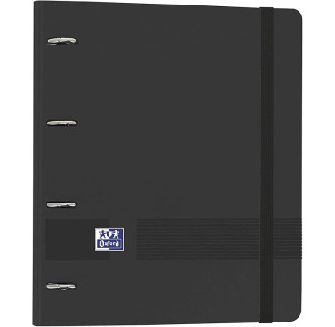 Archivador Oxford 4 Anillas A4+ Plástico Polyfoam con Goma - Incluye Recambio Cuadrícula 5x5 - Color Negro