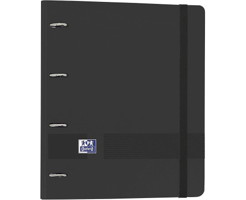 Archivador Oxford 4 Anillas A4+ Plástico Polyfoam con Goma - Incluye Recambio Cuadrícula 5x5 - Color Negro