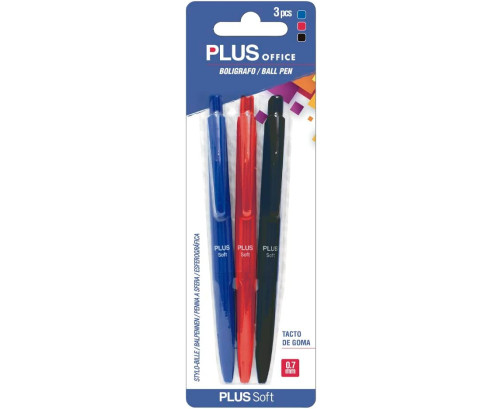 Bolígrafo retractil plus soft tacto goma nuevo modelo colores surtidos blister 3 unidades