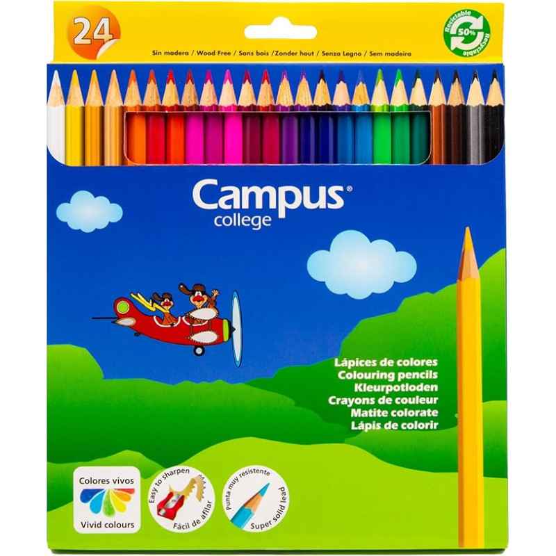 Campus College - Lápices de colores para dibujo, Pack 24 lápices