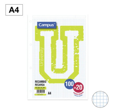 Recambio Campus A4 100 + 20 Hojas 90g Cuadrícula 4 mm