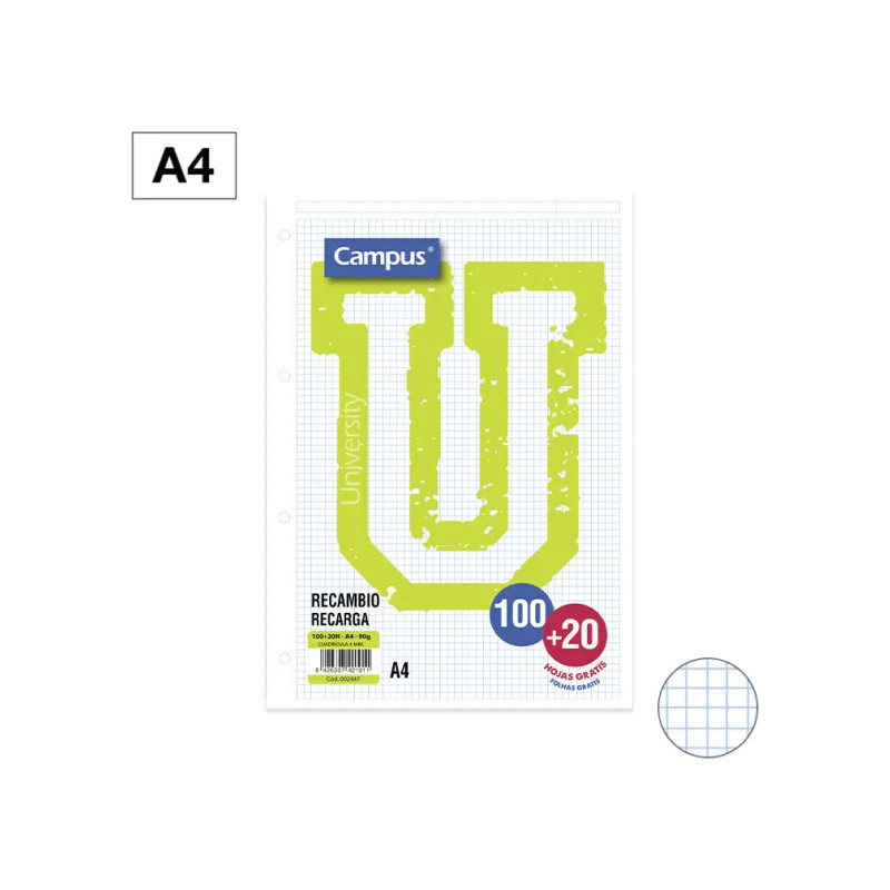 Recambio Campus A4 100 + 20 Hojas 90g Cuadrícula 4 mm