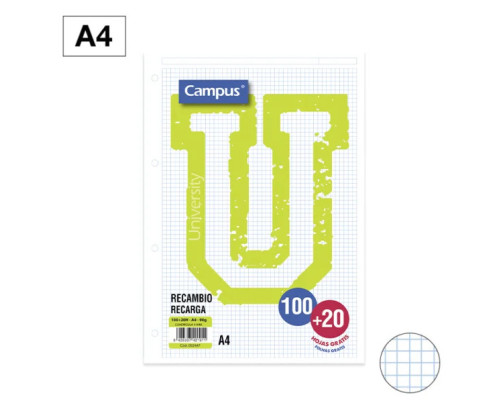 Recambio Campus A4 100 + 20 Hojas 90g Cuadrícula 4 mm