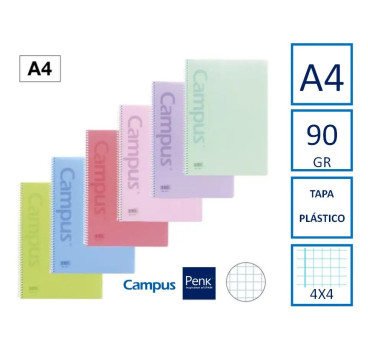 Cuadernos  Espiral A4 T. Plastico 90gr Cuadrícula 4x4 Campus Colores Pastel ( 1 UDS )