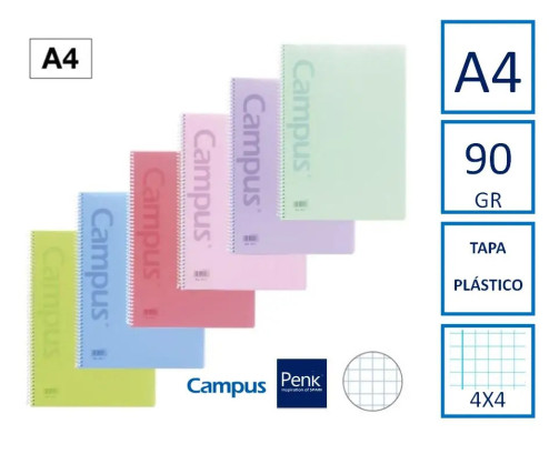 Cuadernos  Espiral A4 T. Plastico 90gr Cuadrícula 4x4 Campus Colores Pastel ( 1 UDS )